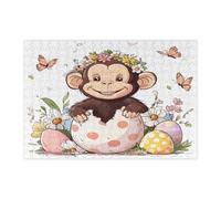 Puzzle de singe de printemps de Pâques pour adultes - 300 pièces - Œufs mignons en bois imprimés - Fleurs sauvages - Décorations pour divertissement à la maison
