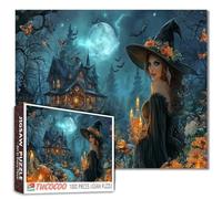 Puzzle de sorcière château d'horreur de 1000 pièces pour adultes - Maison hantée d'automne - Art horreur d'Halloween - Vacances difficiles - Puzzle familial parfait pour les nuits de jeu