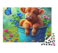 Puzzle de Vaches des Highlands,Seau Fleuri,1000 pièces,Carton Robuste,idéal pour Les Voyages,Les séjours à la Maison ou en Groupe (Famille,Adultes,Adolescents,Couples),38 x 26 cm.