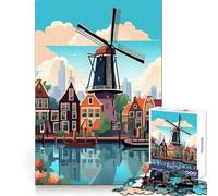 Puzzle de Voyage Moulin à Vent d'Amsterdam 1000 pièces, Exercice cérébral apaisant, Passe-Temps, découpe de précision, Cadeau de Noël (38x52cm)