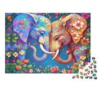 Puzzle déco intérieur 1000 pièces Art de l'éléphant coloré Adultes, éléphant Floral Fleurs vibrantes Fantaisie Premium épais Robuste Vibrant Stimulant Anti-Stress 52x38cm