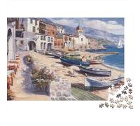 Puzzle déco intérieur 1000 pièces Scène de Village côtier Adultes, Plage méditerranéenne église Bateaux de pêche Premium épais Robuste Vibrant Stimulant Anti-Stress 52x38cm