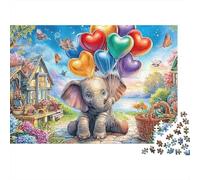 Puzzle Déco Maison Adulte 1000 Pièces, Ballons Cœur Éléphant, Bébé Éléphant, Ballons Cœur, Ville Féerique, Premium Épais Robustes, Défi Antistress 38x26cm