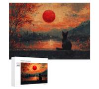 Puzzle Décoratif Bloodmoon Cat Sunset pour Adultes, Format 300 PCS