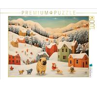 Puzzle · des Chiens Jouent joyeusement dans la Neige dans Un Paysage | ernal · Une œuvre d'art inspirée par Botero · 1000 pièces · Format assemblé 64 × 48 cm · CALVENDO Puzzle
