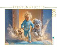 Puzzle · des Chiens Pleins de Charme - Illustrations | Un garçon qui saute avec des chiens · 1000 pièces · Format assemblé 64 × 48 cm · CALVENDO Puzzle
