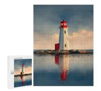 Puzzle Détaillé Lighthouse on Rocky Islet ｜ Reflected Lighthouse at Sunset, 500 PCS, pour Adultes, comme Pause Créative pour Les Amateurs Patients, pour Les Soirées Jeux