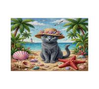 Puzzle d'été de 300 pièces avec chat bleu russe pour adultes, chaton côtier palmier, plage, décoration tropicale imprimée pour divertissement créatif
