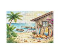 Puzzle d'été Golden Retriever de plage pour adultes - 300 pièces - Chiot côtier - Cottage de plage - Motif tropical - Décoration pour la maison