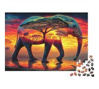 Puzzle Détente Adulte 1000 Pièces, Éléphant, Silhouette d'Éléphant, Arbre, Coucher du Soleil, Premium Épais Robustes Haute Qualité, Défi Antistress 52x38cm