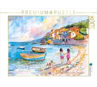 Puzzle · Deux Enfants avec Chien à la Plage méditerranéenne de Bateaux | Aquarelle au bord de la mer Deux jeunes filles se promènent… · 1000 pièces · Format assemblé 64 × 48 cm · CALVENDO Puzzle
