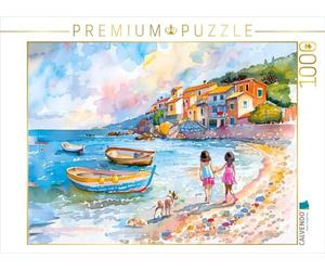 Puzzle · Deux Enfants avec Chien à la Plage méditerranéenne de Bateaux | Aquarelle au bord de la mer Deux jeunes filles se promènent… · 1000 pièces · Format assemblé 64 × 48 cm · CALVENDO Puzzle
