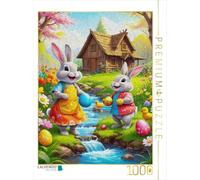 Puzzle · Deux Lapins de Pâques rigolos cachent des œufs de Pâques au Bord | d'un ruisseau · Des lapins de Pâques rigolos s'amusent au bord… · 1000 pièces · Format assemblé 64 × 48 cm · CALVENDO Puzzle