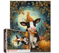 Puzzle d'Halloween animal de 1000 pièces - Vache portant un chapeau de sorcière pour adultes, jouets et jeux éducatifs de développement, citrouille - Art difficile - Jouets créatifs difficiles