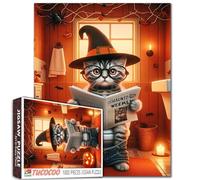 Puzzle d'Halloween chat sorcière chapeau pour adultes 1000 pièces amusant chaton lisant journal, salle de bain avec bougies citrouille, araignées, animal difficile, puzzle effrayant pour Halloween
