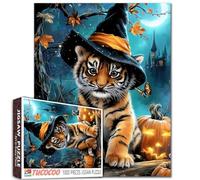 Puzzle d'Halloween de 1000 pièces pour adultes, tigre au chapeau de sorcière, puzzle de nuit d'Halloween comme décoration de fête d'horreur, citrouille, montre de nuit d'horreur