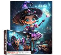 Puzzle d'Halloween mignon petite sorcière 1000 pièces pour adultes et étudiants style dessin animé fille avec baguette magique poupée colorée art robe violette fille 50,8 x 68,6 cm cadeau amusant défi