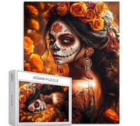 Puzzle d'horreur mexicain de 1000 pièces - Tête de mort en sucre - 50 x 70 cm - Art numérique - Roses oranges - Jeux d'activités familiales - Colorés - Puzzle artisanal pour décoration d'intérieur