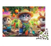 Puzzle Difficile 1000 pièces Chat d'automne pour Adultes, Chatons, Lapin, Jardin, Carottes, Oranges, Premium épais Robuste Haute qualité Vibrant Stimulant Anti-Stress 38x26cm