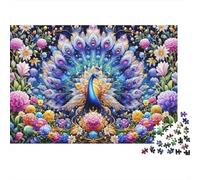 Puzzle Difficile 1000 pièces Fantaisie Florale - Paon Bleu avec Queue Florale, Premium Robuste, qualité, Vibrant, défi, Relaxant 70x50cm/1000pcs