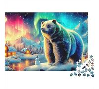Puzzle Difficile 1000 pièces Ours sous Les aurores pour Adultes, Aurore, Ours Polaire, Village enneigé, Lune, Premium épais Robuste Haute qualité Vibrant Stimulant Anti-Stress 38x26cm