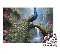 Puzzle Difficile 1000 pièces Paon Jardin - Paon Debout dans Cascade de forêt Magique, Premium Robuste, qualité, Vibrant, Relaxant 38x26cm/1000pcs