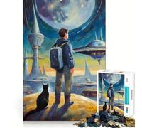 Puzzle Difficile Aventure Spatiale avec Un Chat pour Adultes, 1000 pièces, améliore la mémoire, détend l'esprit, Bords Nets, Cadeau élégant (38x26cm)
