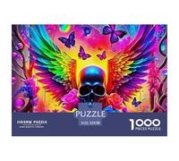 Puzzle Difficile Cadeau 1000 pièces Ailes Arc-en-Ciel Crâne Roses, Décoration Murale Adulte, Jeu éducatif, 52x38cm