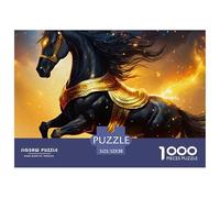 Puzzle Difficile Cadeau 1000 pièces Cheval Noir Doré Coucher de Soleil, Décoration Murale Adulte, Jeu éducatif, 52x38cm