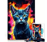 Puzzle Difficile Chat Bleu Russe en Flammes pour Adultes, 1000 pièces, Jeu de logique Fine, Moment de détente et de Plaisir, Bords Nets, (38x52cm)
