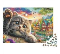 Puzzle Difficile Chaton Mignon 1000 Pièces pour Adultes Scottish Fold Chaton Ville Coucher de Soleil Premium Épais Robuste Haute Qualité Vibrant Difficile Anti-Stress 38x26cm