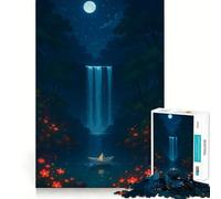 Puzzle Difficile de 1000 pièces Bateau en Papier et Cascade Nocturne pour Adultes Think Toy Paisible et Amusant Découpe Nette Pièce d'art de qualité (38x26cm)