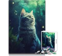 Puzzle Difficile de 1000 pièces « Chat Mystique Nuit Lumineuse » pour Adultes Jeu éducatif Stimulant la réflexion Cadeau Unique et Sentimental Dimensions:38x52cm