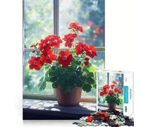 Puzzle Difficile de 1000 pièces Fleurs de géranium Rouge près de la fenêtre pour Adultes, idéal pour se détendre et se ressourcer (38x52cm) Cadeau Original et apaisant