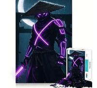 Puzzle Difficile de 1000 pièces Guerrier samouraï néon sous la Pluie pour Adultes, Jeu de logique et de Train, découpe Lisse, Cadeau de qualité supérieure (50x75cm)