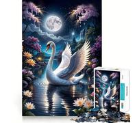 Puzzle Difficile de 1000 pièces pour Adultes Cygne dans Un lac Magique sous la Pleine Lune Renforce la mémoire, soulage Le Stress, Bords de qualité supérieure, œuvre d'art 38x52cm