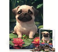 Puzzle Difficile de 1000 pièces représentant Un Carlin et Une Grenouille sur des nénuphars, idéal pour Adultes Jeu Intelligent à réaliser chez soi Cadeau Festif (50x75cm)