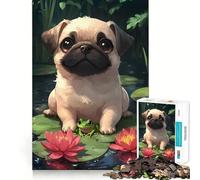 Puzzle Difficile de 1000 pièces représentant Un Carlin et Une Grenouille sur des nénuphars, idéal pour Adultes Jeu Intelligent à réaliser chez soi Cadeau Festif (50x75cm)