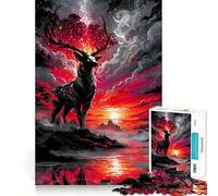 Puzzle Difficile de 1000 pièces représentant Un cerf Mystique dans Un Paysage Rouge, pour Adultes Think Toy, Un Jouet paisible et Amusant, Une œuvre d'art aux découpes nettes (38x52cm)