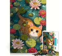 Puzzle Difficile de 1000 pièces représentant Un Chat Orange nageant dans Un étang aux nénuphars, idéal pour Adultes Jeu Intelligent à Faire à la Maison, à Assembler ou à Offrir en Cadeau (50x75cm)