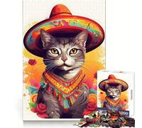 Puzzle difficile de 1000 pièces représentant un chat portant un sombrero,idéal pour adultes Développez votre mémoire,détendez-vous et offrez-vous un moment de plaisir Bords nets Cadeau de Noël 38x52cm