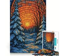 Puzzle Difficile de 1000 pièces représentant Un Coucher de Soleil en forêt hivernale dans Un vitrail, pour Adultes Jeu Intelligent, Amusant et précis Cadeau Artistique 38x26cm