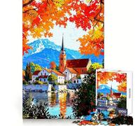 Puzzle Difficile de 1000 pièces représentant Un Paysage de Village d'automne avec Une église, idéal pour Adultes Un défi Stimulant et Un Cadeau Original et agréable (38x26cm)