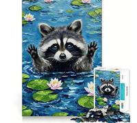 Puzzle Difficile de 1000 pièces représentant Un Raton Laveur dans Un étang aux nénuphars, idéal pour Adultes Améliore la mémoire, détend l'esprit et Offre Un Cadeau élégant aux Bords Nets (50x75cm)