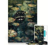 Puzzle Difficile de 1000 pièces représentant Un Raton Laveur dans Un étang de nénuphars, idéal pour Adultes Améliore la mémoire, détend l'esprit et Offre Un Cadeau élégant aux Bords Nets (38x52cm)