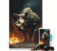 Puzzle Difficile de 1000 pièces représentant Un rhinocéros en feu avec Un Homme, idéal pour Adultes Découpe Lisse et silencieuse Cadeau Classique (50x75cm)