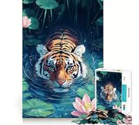 Puzzle Difficile de 1000 pièces représentant Un Tigre nageant dans Un étang de Lotus, idéal pour Adultes 38x26cm