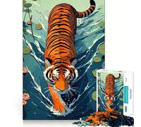 Puzzle Difficile de 1000 pièces représentant Un Tigre pataugeant dans l'eau Parmi Les nénuphars, idéal pour Adultes Jeu Intelligent et Amusant, découpe précise, Cadeau Artistique 50x75cm