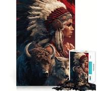 Puzzle Difficile de 1000 pièces représentant Une Femme amérindienne Un Bison et Un Loup idéal pour Adultes Jeu de logique Solide Parfait pour Partager Un Moment Convivial Bords Nets