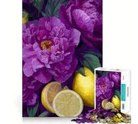 Puzzle Difficile de 1000 pièces représentant Une Nature Morte de pivoines Violettes et de Citrons, idéal pour Adultes Jeu Intelligent à Faire à la Maison, à Assembler ou à Offrir en Cadeau (38x52cm)